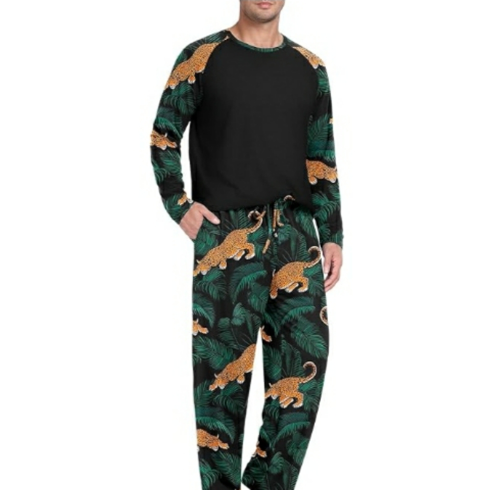 Men's Pajama Set Sleepwear Lightweight Long Sleeve Black /Green New